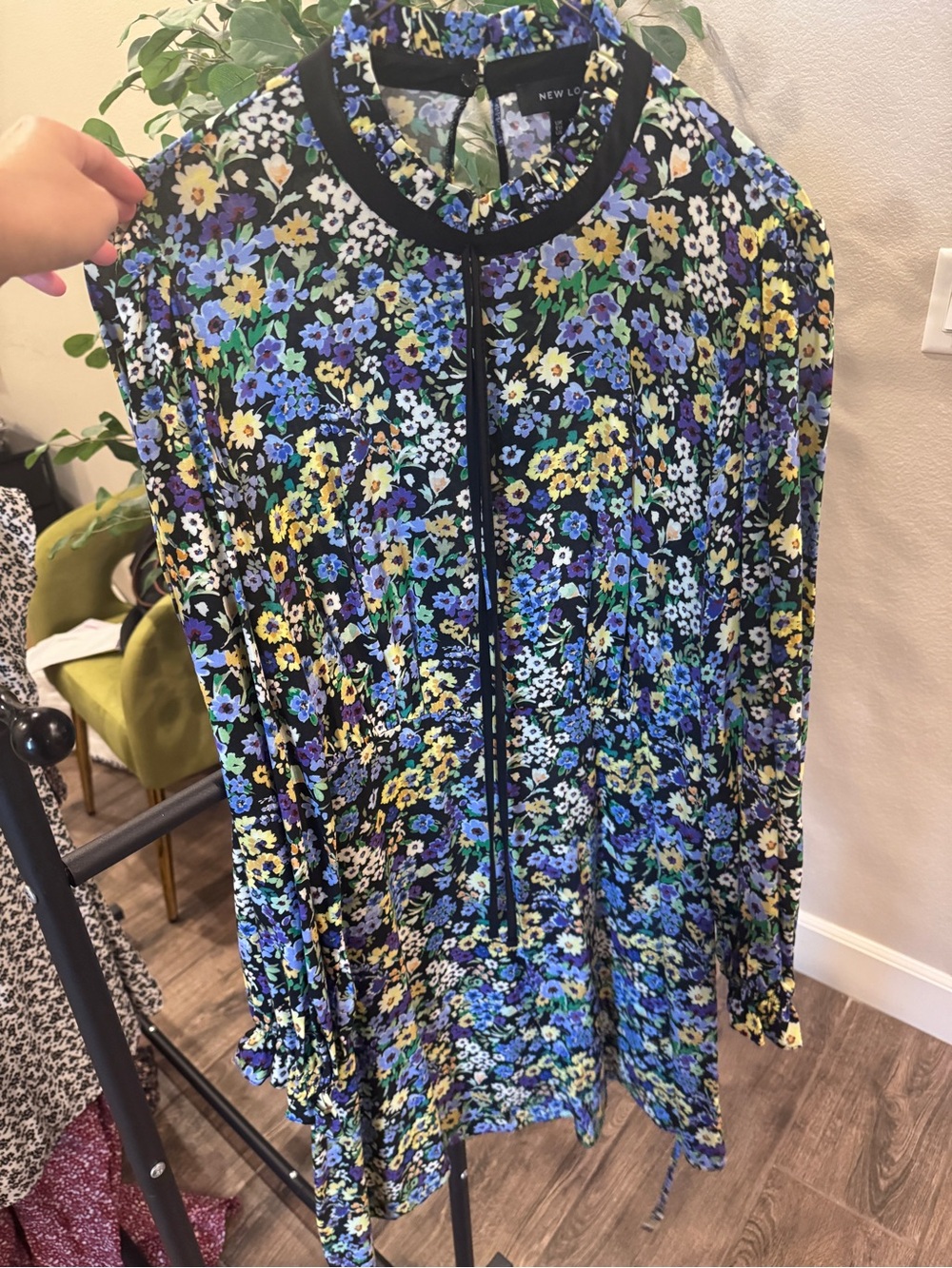 New Look Black Floral Zip-Front Top with Blue and Yellow Blooms
